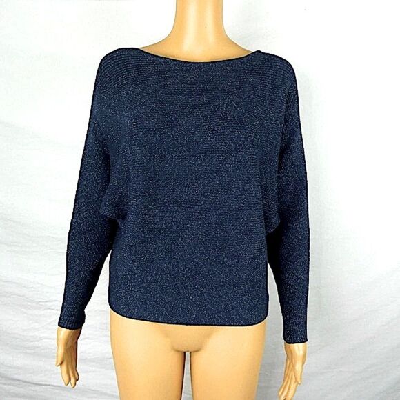 Chico's Navy Blue Metallic Dolman Sleeve Pullover Sweater Ribbed 1 Small - Picture 1 of 10